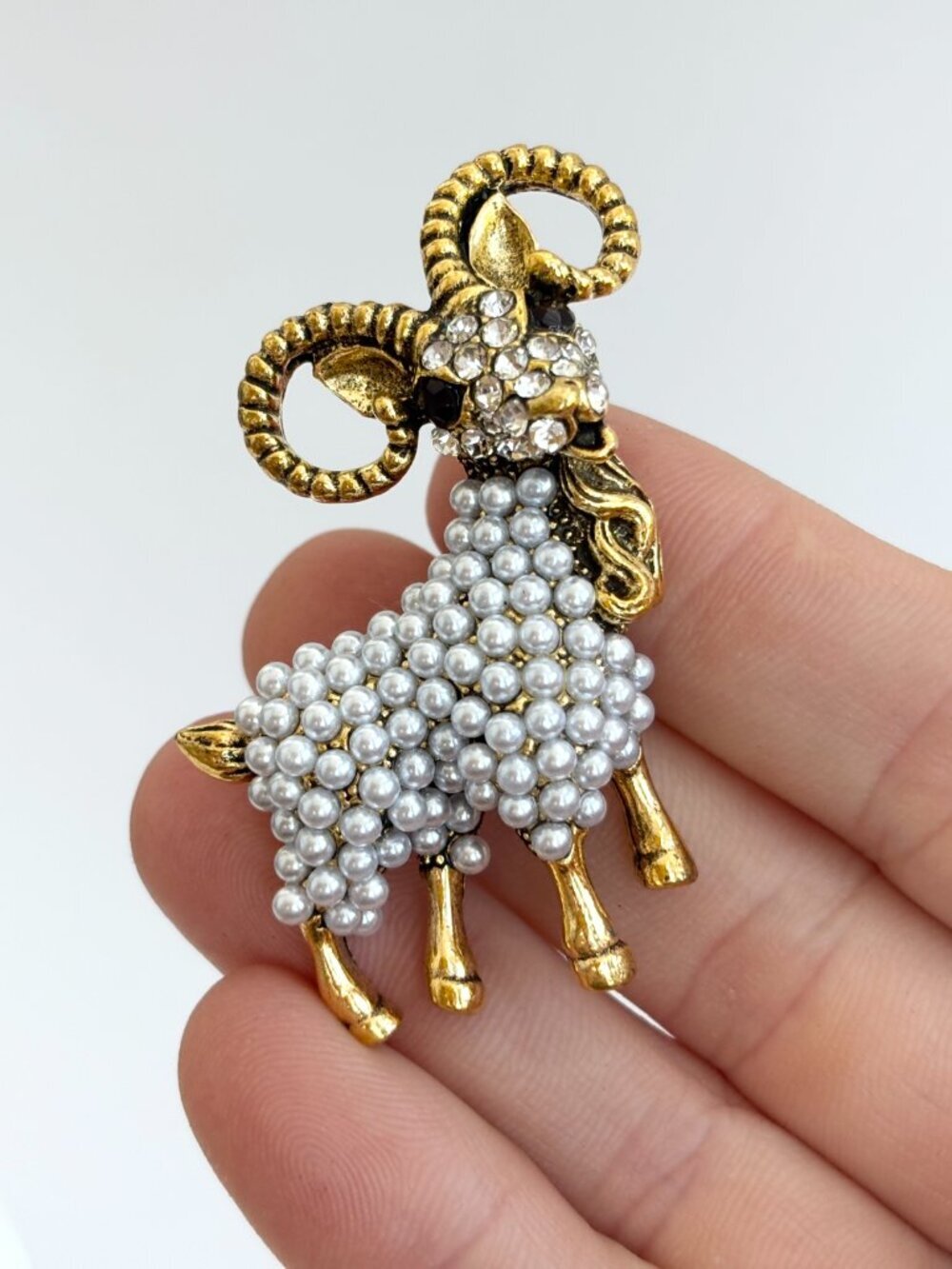 Goat Figural Gold Toned Pearl Accented Vintage Style Textured Brooch Pin - Picture 11 of 15